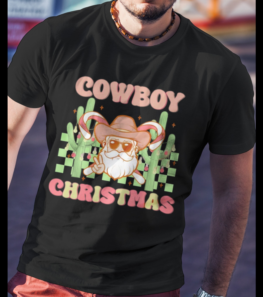 Cowboy Christmas Santa With Candy Cane And Cactus T-Shirt