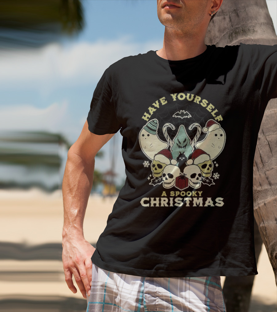 Have Yourself A Spooky Christmas With Ghosts Skulls And Bat T-Shirt