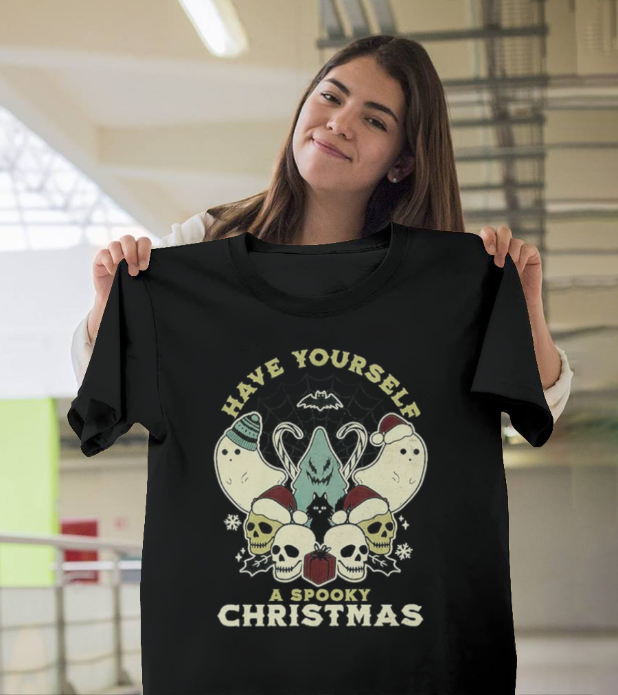 Have Yourself A Spooky Christmas With Ghosts Skulls And Bat T-Shirt