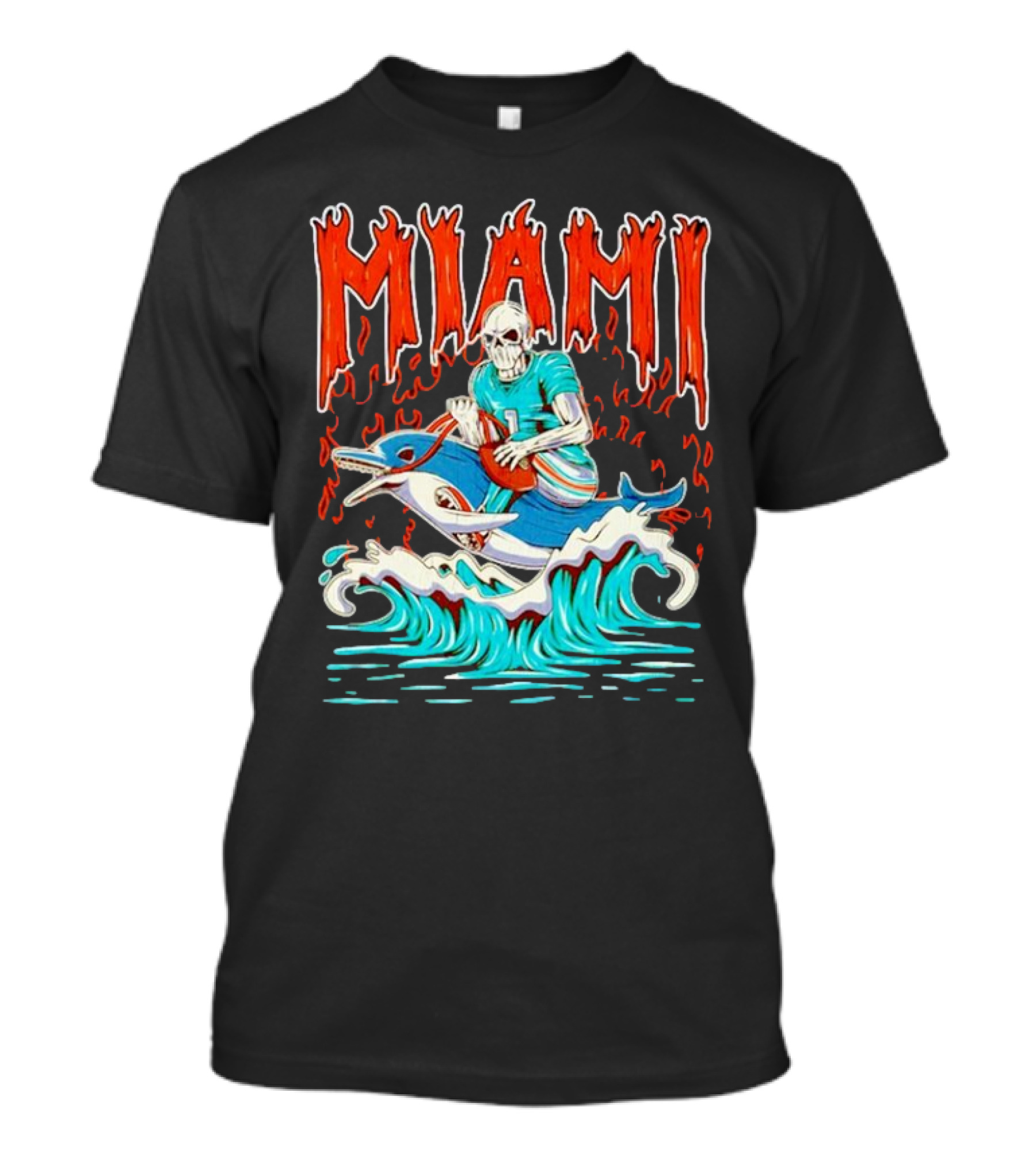 MIAMI Skeleton Riding Dolphin With Football And Flames T-Shirt