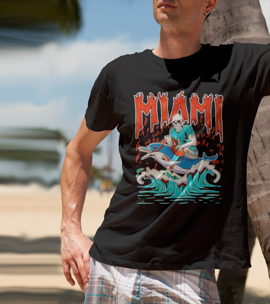 MIAMI Skeleton Riding Dolphin With Football And Flames T-Shirt