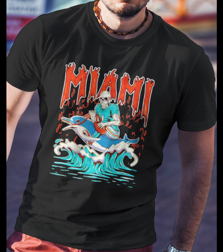 MIAMI Skeleton Riding Dolphin With Football And Flames T-Shirt