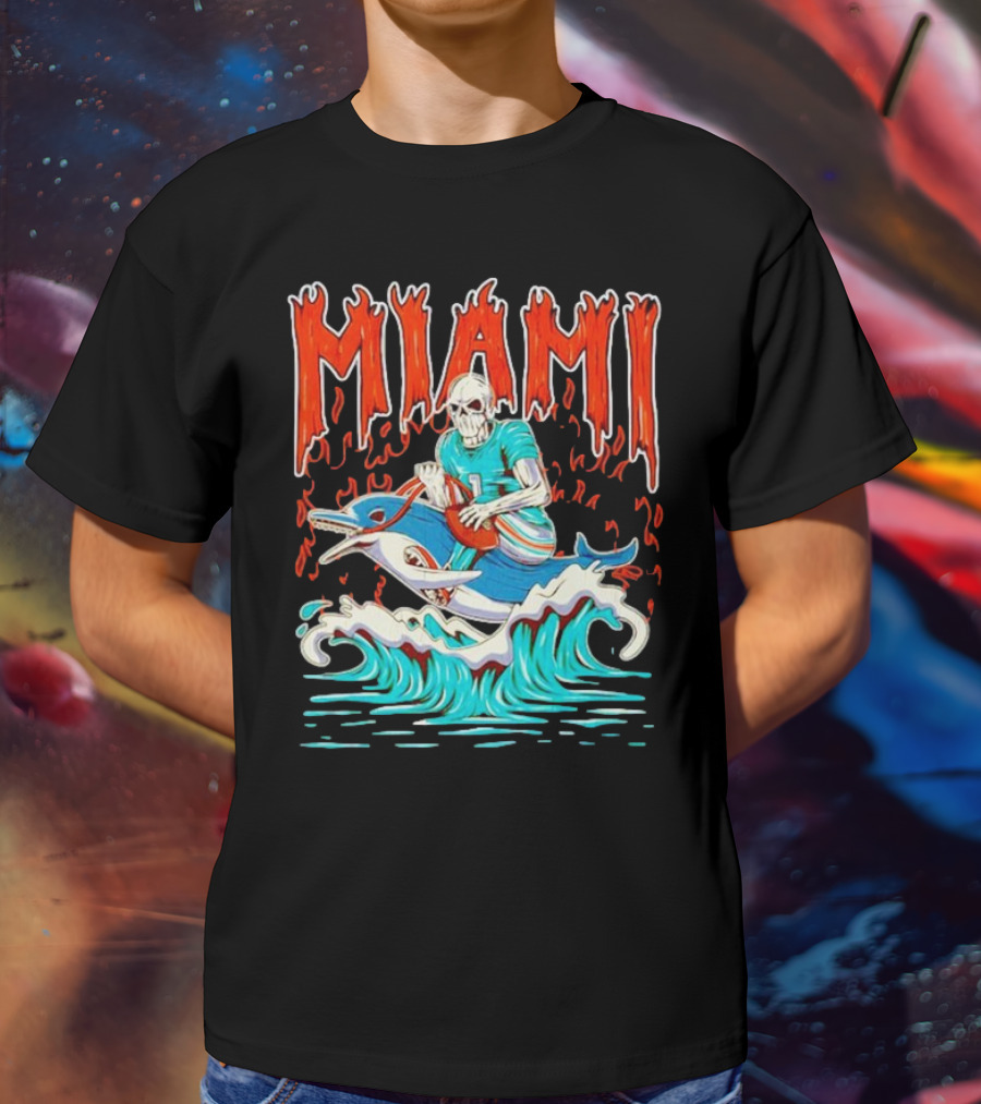 MIAMI Skeleton Riding Dolphin With Football And Flames T-Shirt