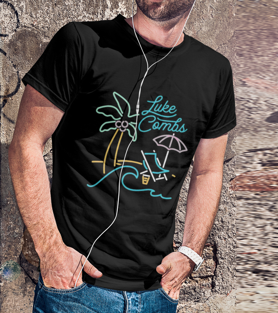 Luke Combs Neon Palm Tree Beach Scene With Umbrella And Chair T-Shirt