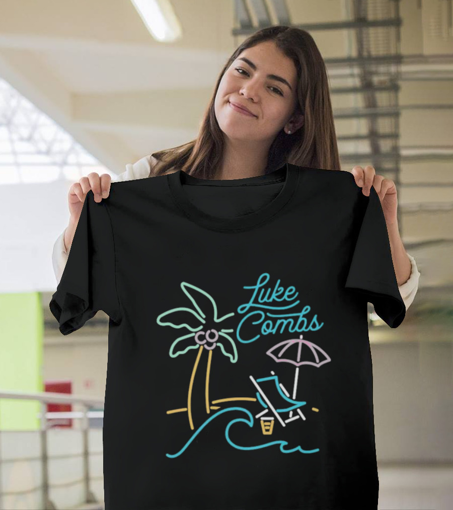 Luke Combs Neon Palm Tree Beach Scene With Umbrella And Chair T-Shirt