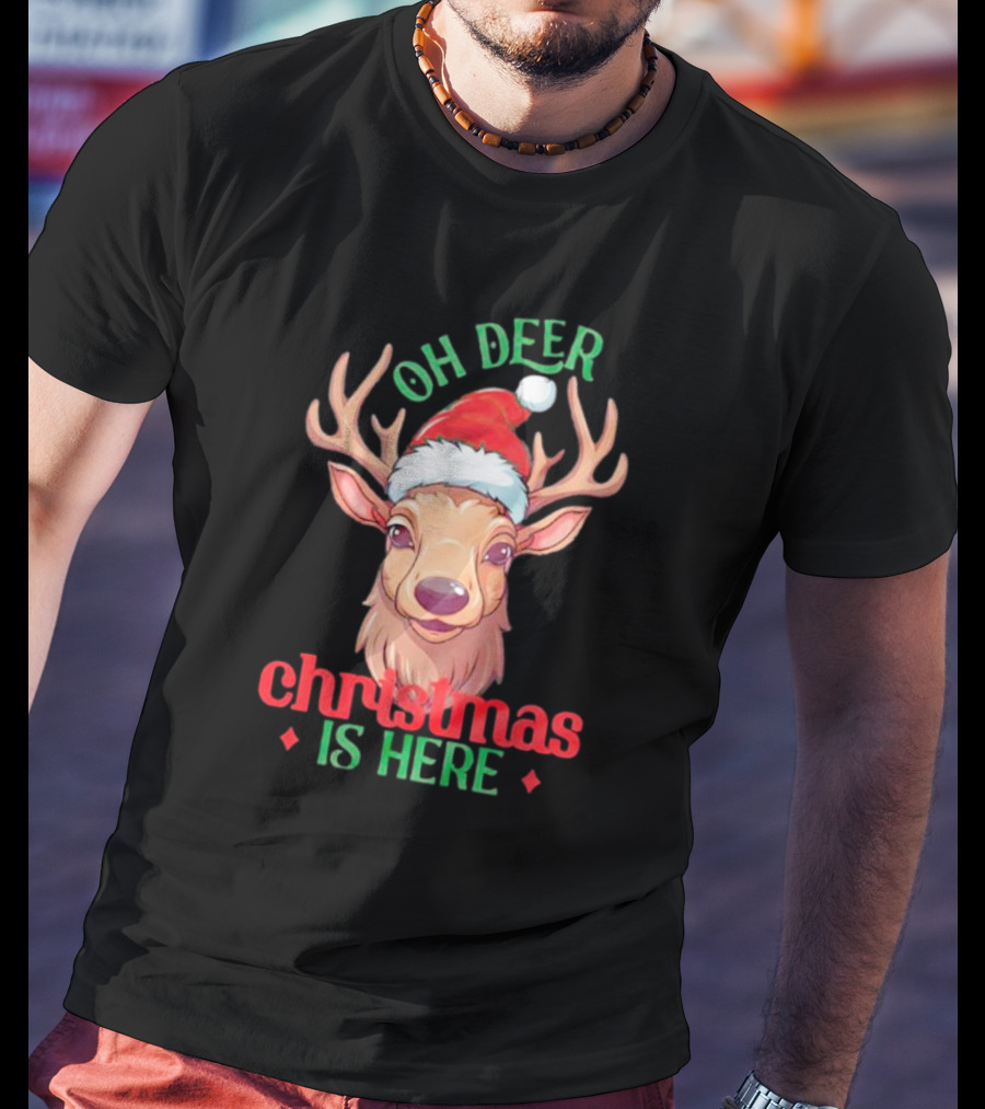 Oh Deer Christmas Is Here Festive Reindeer Santa Hat T-Shirt
