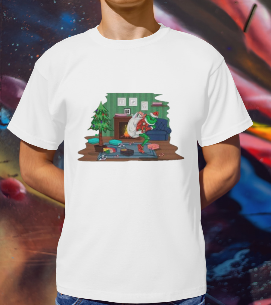 Grinch In Santa Outfit Stealing Presents By The Christmas Tree T-Shirt