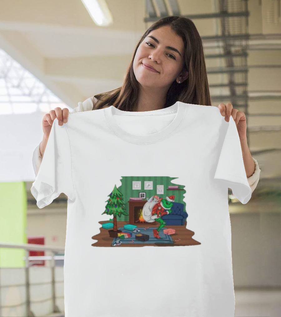 Grinch In Santa Outfit Stealing Presents By The Christmas Tree T-Shirt