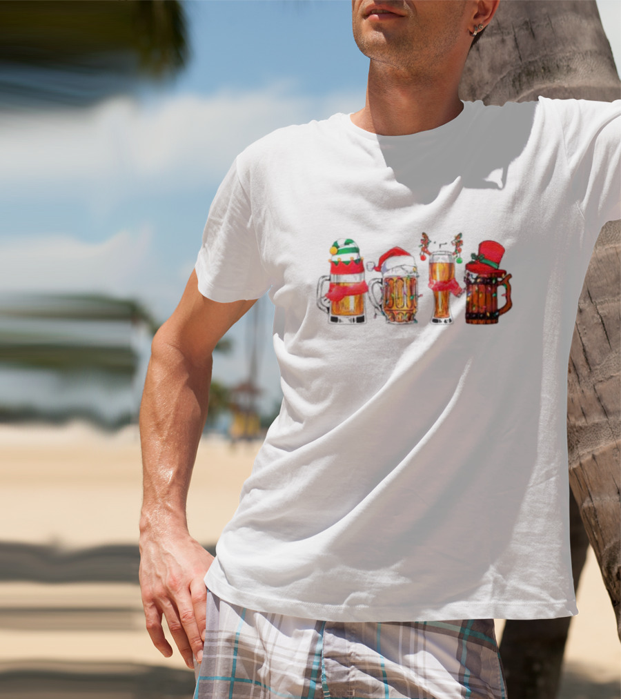Christmas Beer Mugs Santa Hat And Holiday Decorations T-Shirt