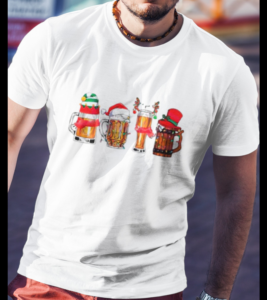 Christmas Beer Mugs Santa Hat And Holiday Decorations T-Shirt