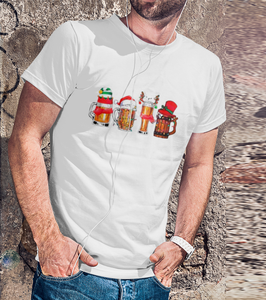 Christmas Beer Mugs Santa Hat And Holiday Decorations T-Shirt