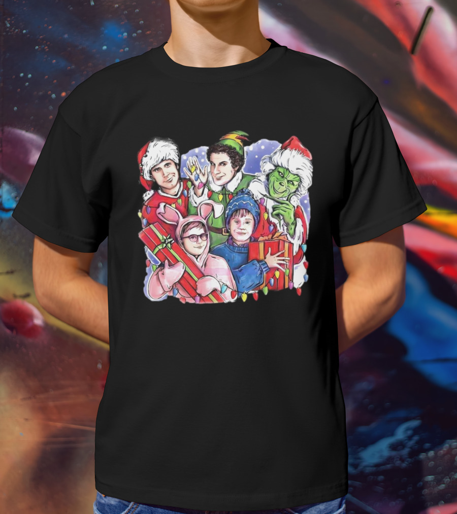 Christmas Friends Movie Character Santa Elf Grinch Pink Bunny T-Shirt