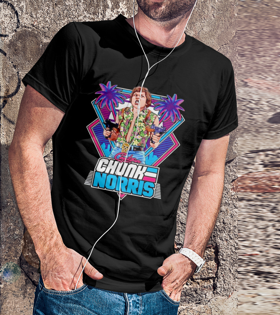 Captain Chunk Norris Retro Miami Vice Styled Character With Dual Pistols And Neon Palm Trees T-Shirt
