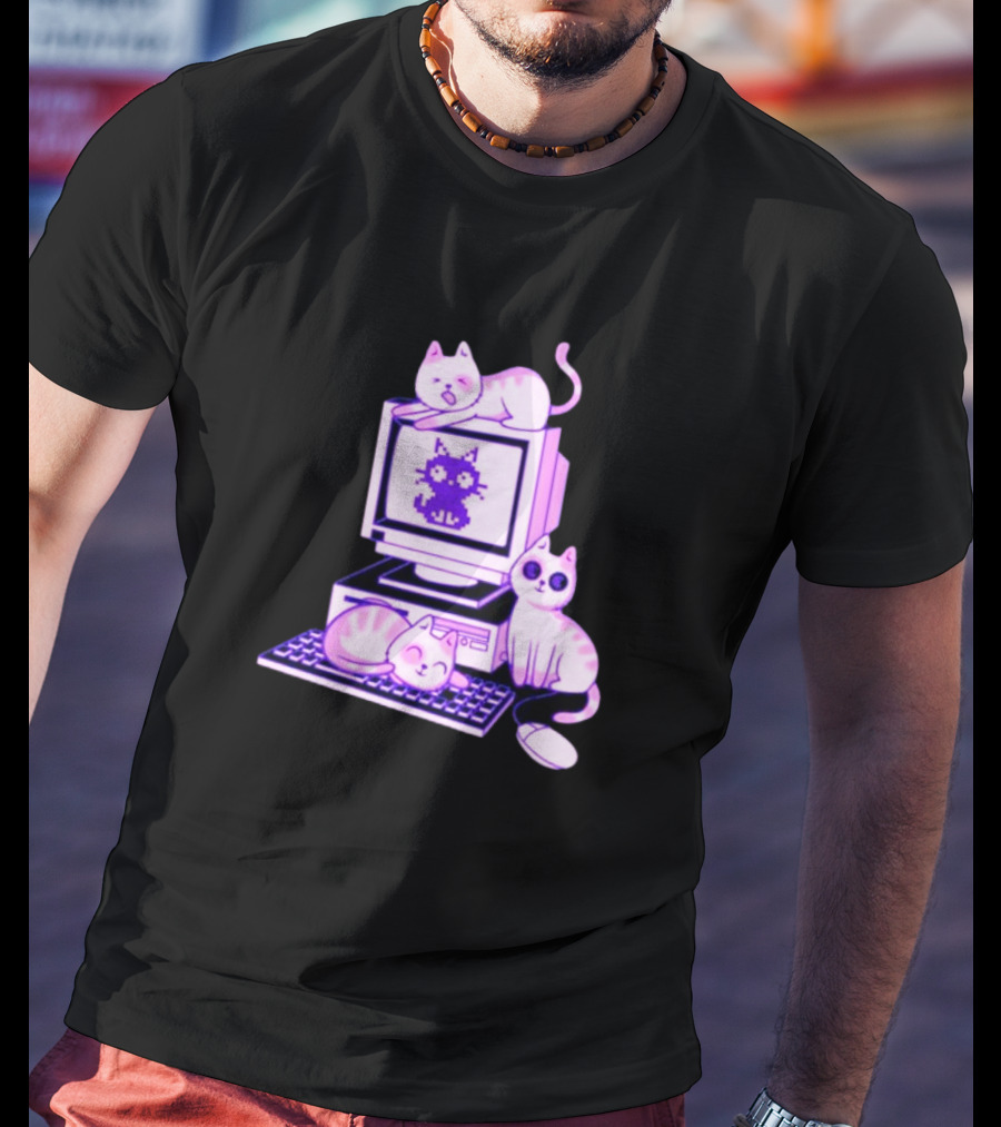 Cats Over Retro Computer With Pixel Art Cat On Screen T-Shirt