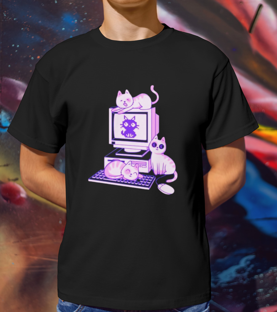 Cats Over Retro Computer With Pixel Art Cat On Screen T-Shirt