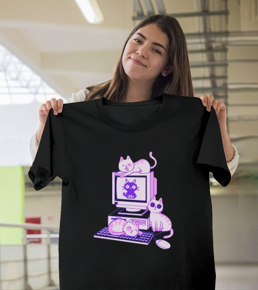 Cats Over Retro Computer With Pixel Art Cat On Screen T-Shirt