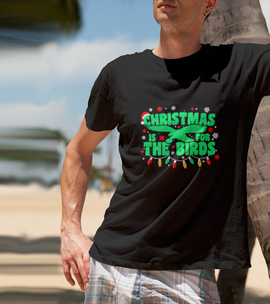 Christmas Is For The Birds Festive Holiday Lights Snowflakes Santa Hat T-Shirt