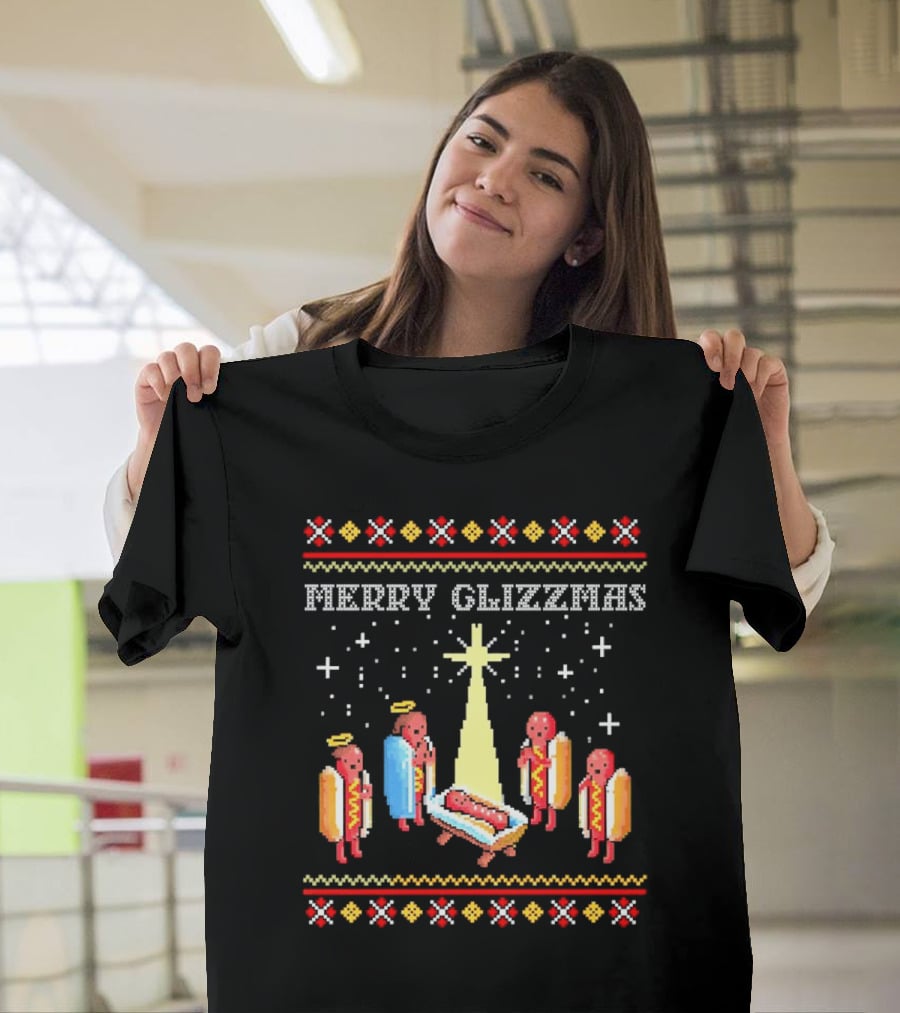 Merry Glizzmas Nativity Hot Dog Angels Scene Ugly Christmas T-Shirt