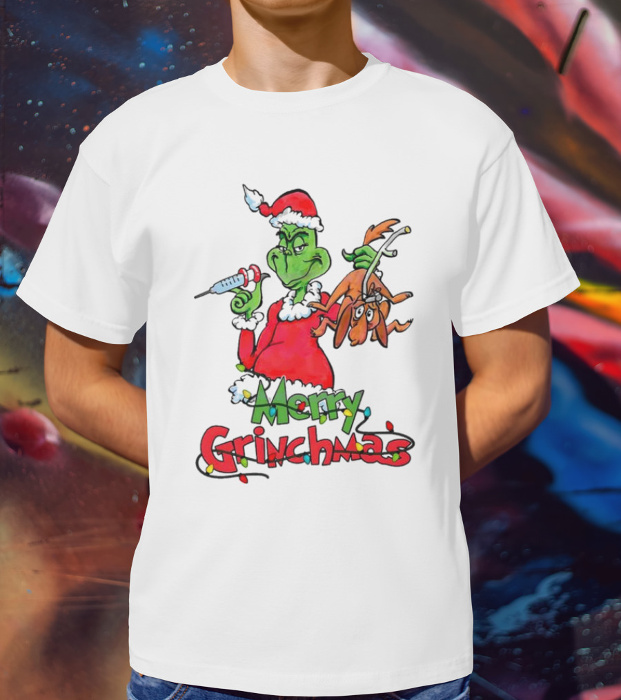 Merry Grinchmas Nurse Christmas Grinch With Syringe And Reindeer Dog T-Shirt