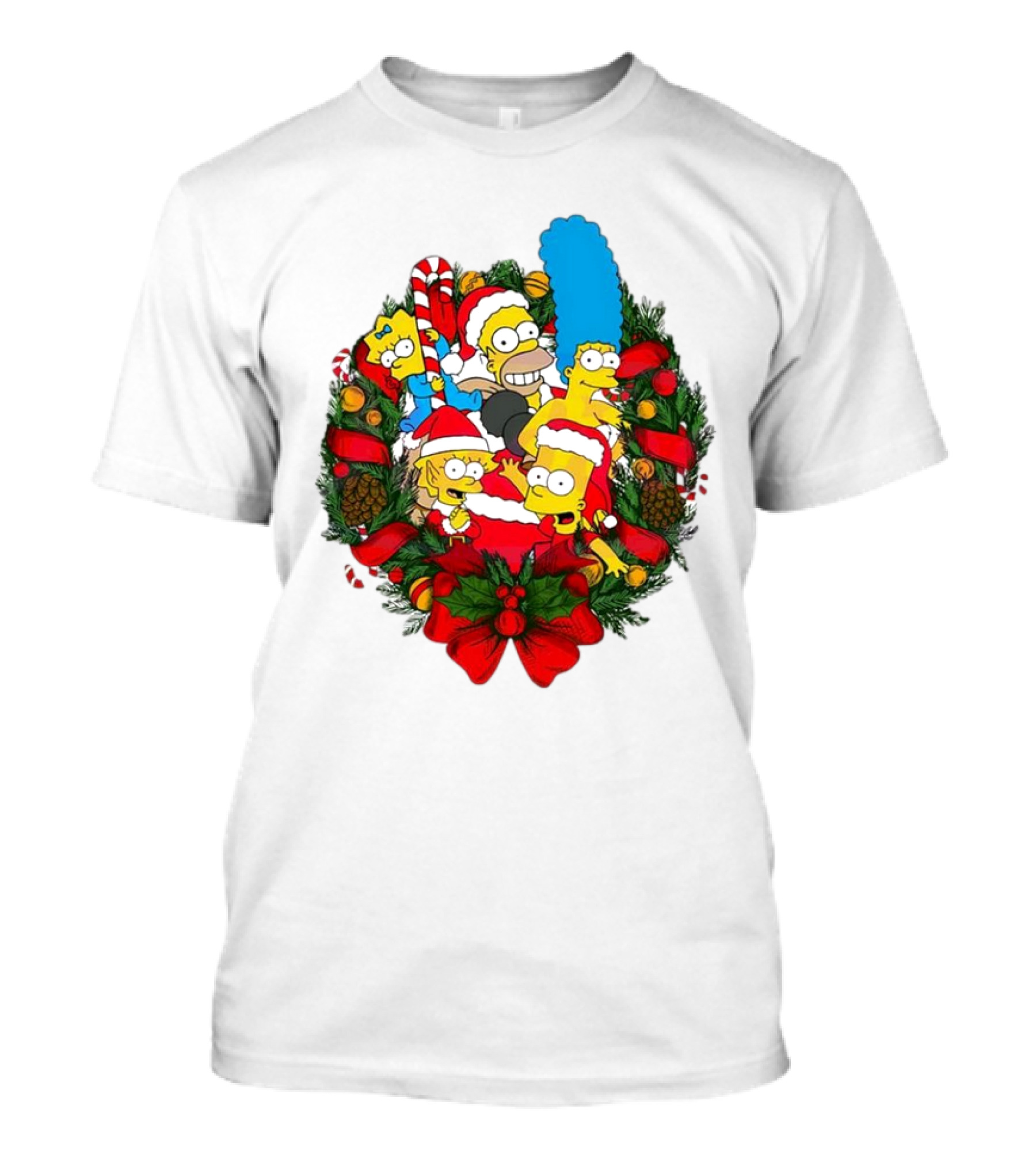 The Simpsons Holiday Wreath With Santa Hats And Candy Canes T-Shirt