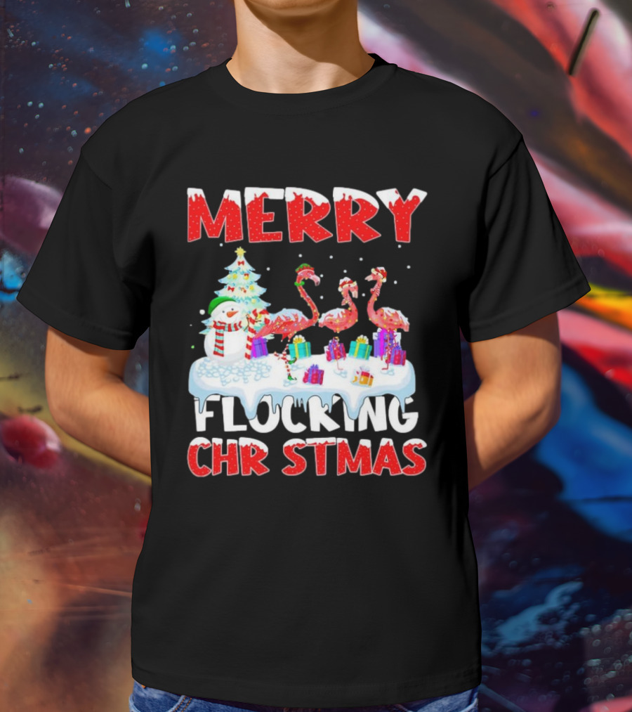 Merry Flocking Christmas Flamingo And Snowman Festive T-Shirt