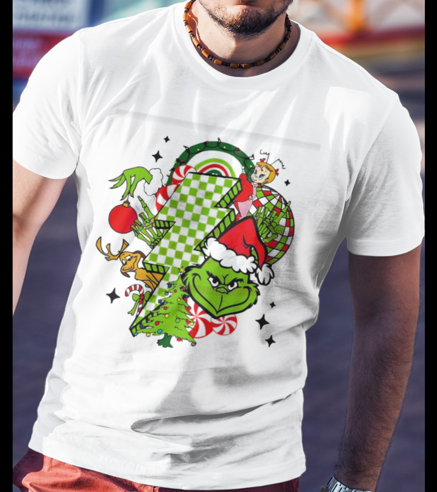 Grinch Christmas Checkered Lightning Bolt With Friends And Festive Decorations T-Shirt