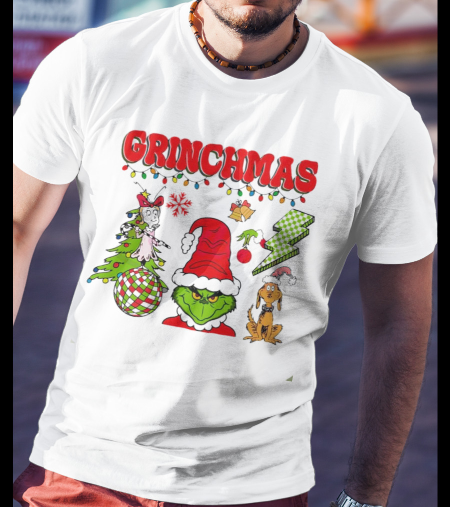 Grinch Grinchmas Red Hat Christmas Tree Max Dog Lightning Bolt Ornaments T-Shirt
