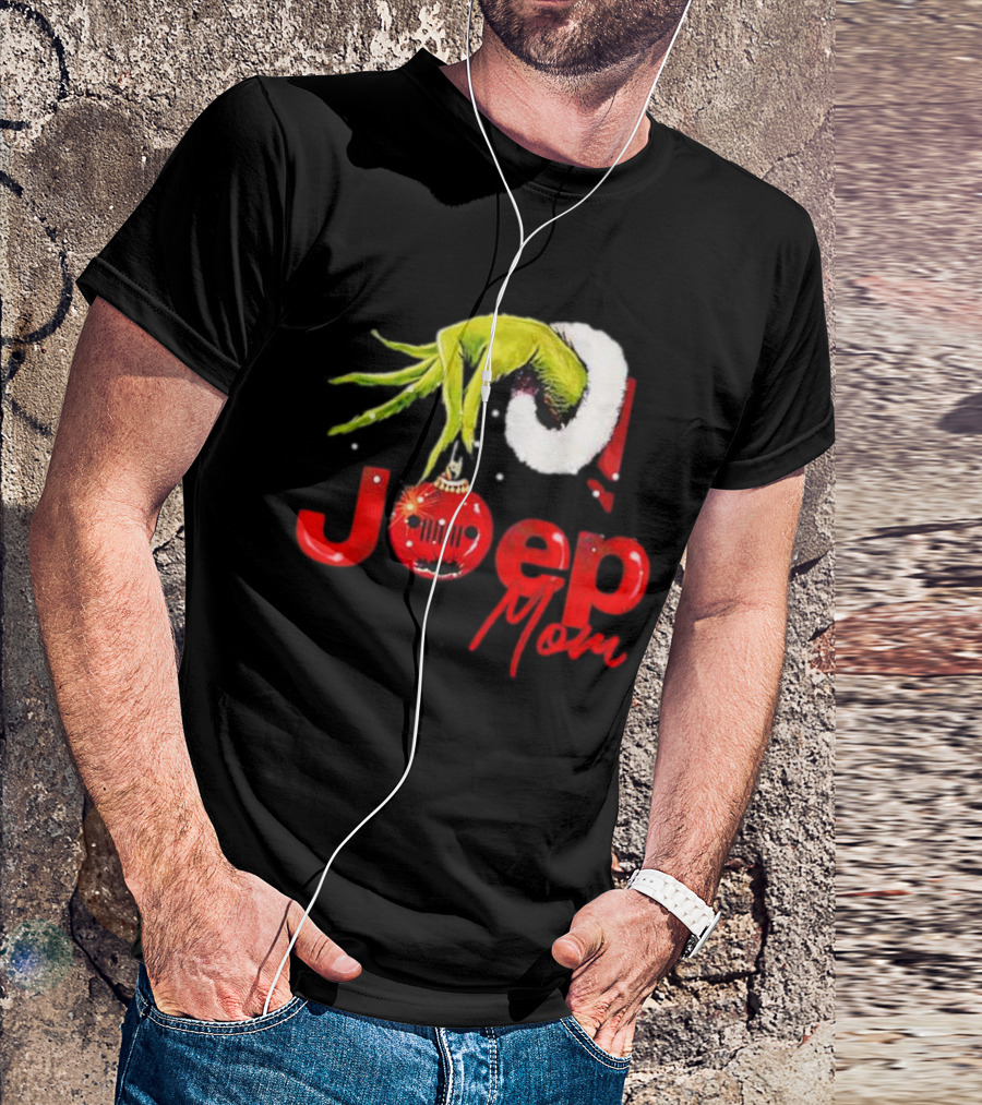 Grinch Hand With Santa Hat Holding Christmas Ornament Jeep Mom T-Shirt