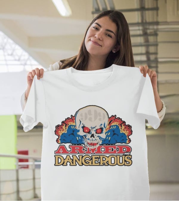 999 Club Armed And Dangerous Skull With Red Eyes And Flames T-Shirt