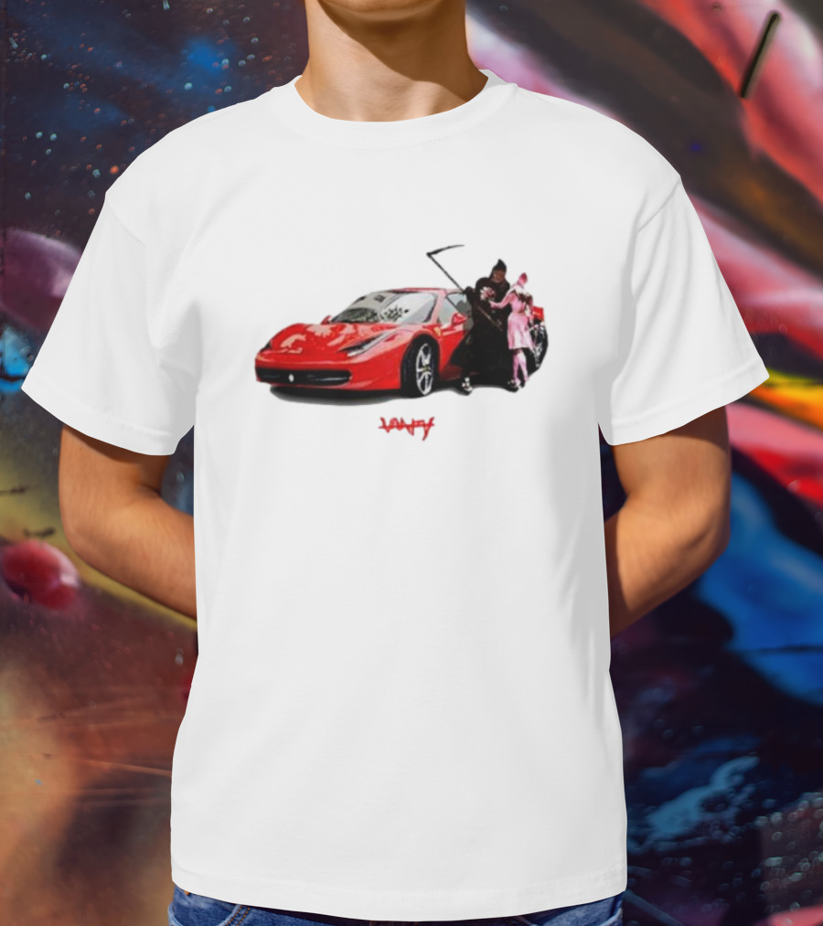 Club Scared Of Love Red Sports Car And Grim Reaper With Pink Figure T-Shirt