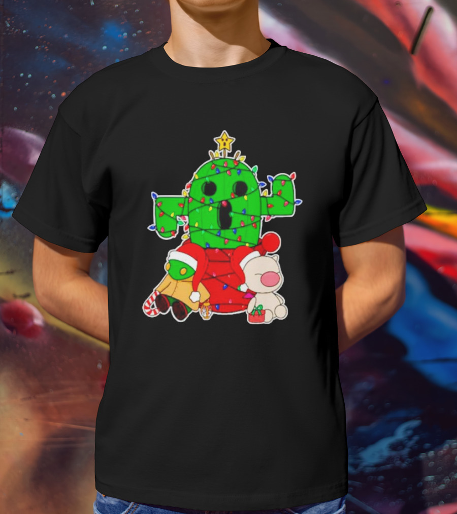 Christmas Moogle Cactuar Wrapped In Lights Star Topped Festive Scene T-Shirt