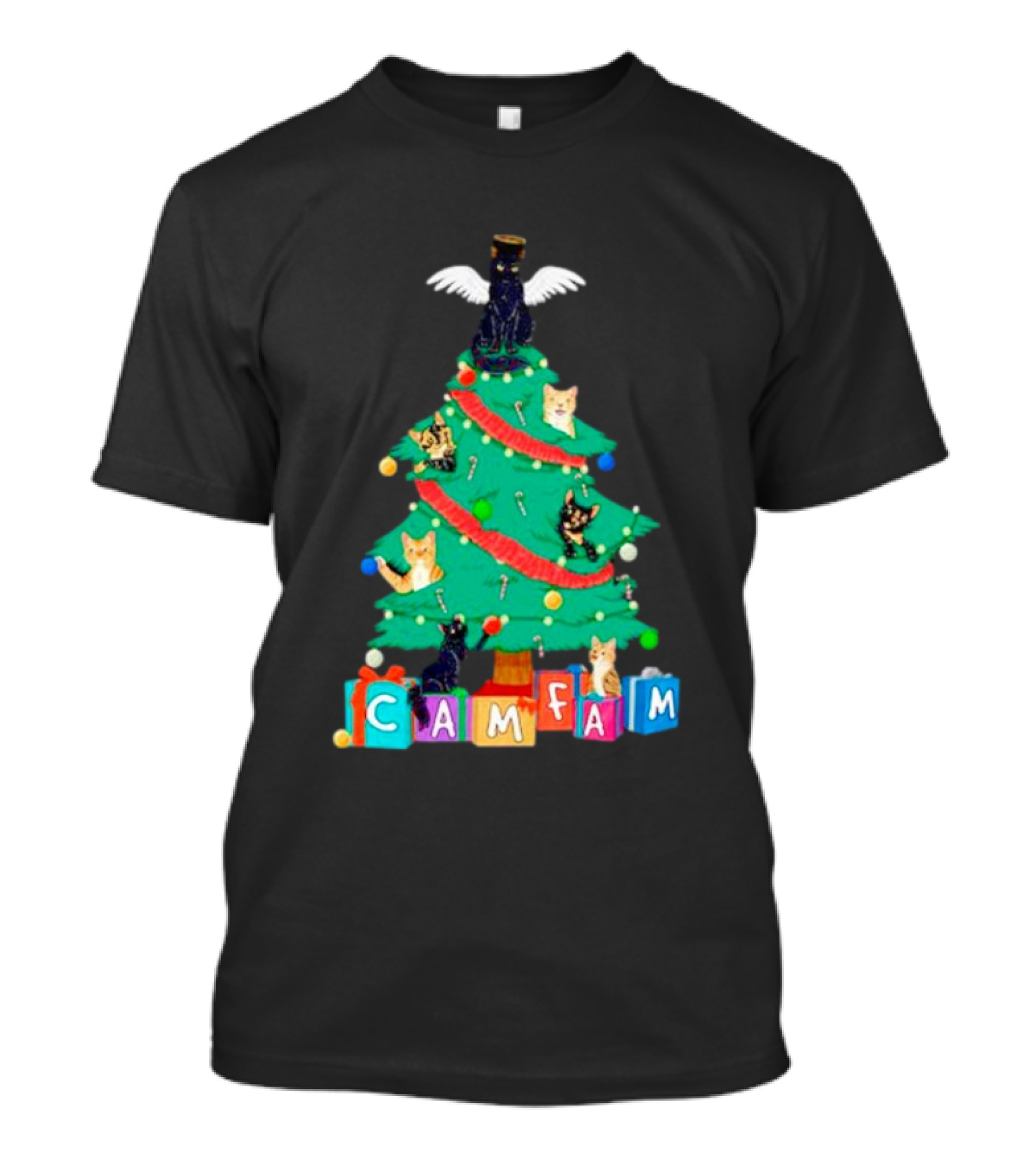 Cam Fam Christmas Tree With Cats And Holiday Blocks T-Shirt