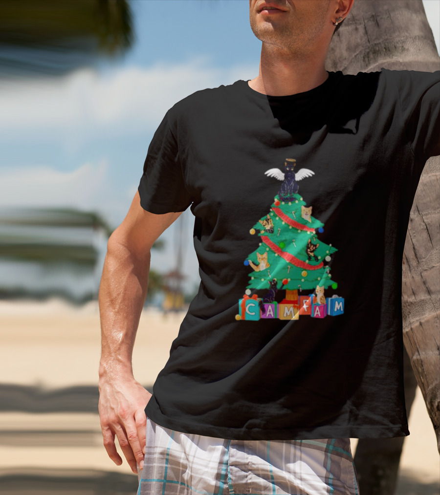 Cam Fam Christmas Tree With Cats And Holiday Blocks T-Shirt