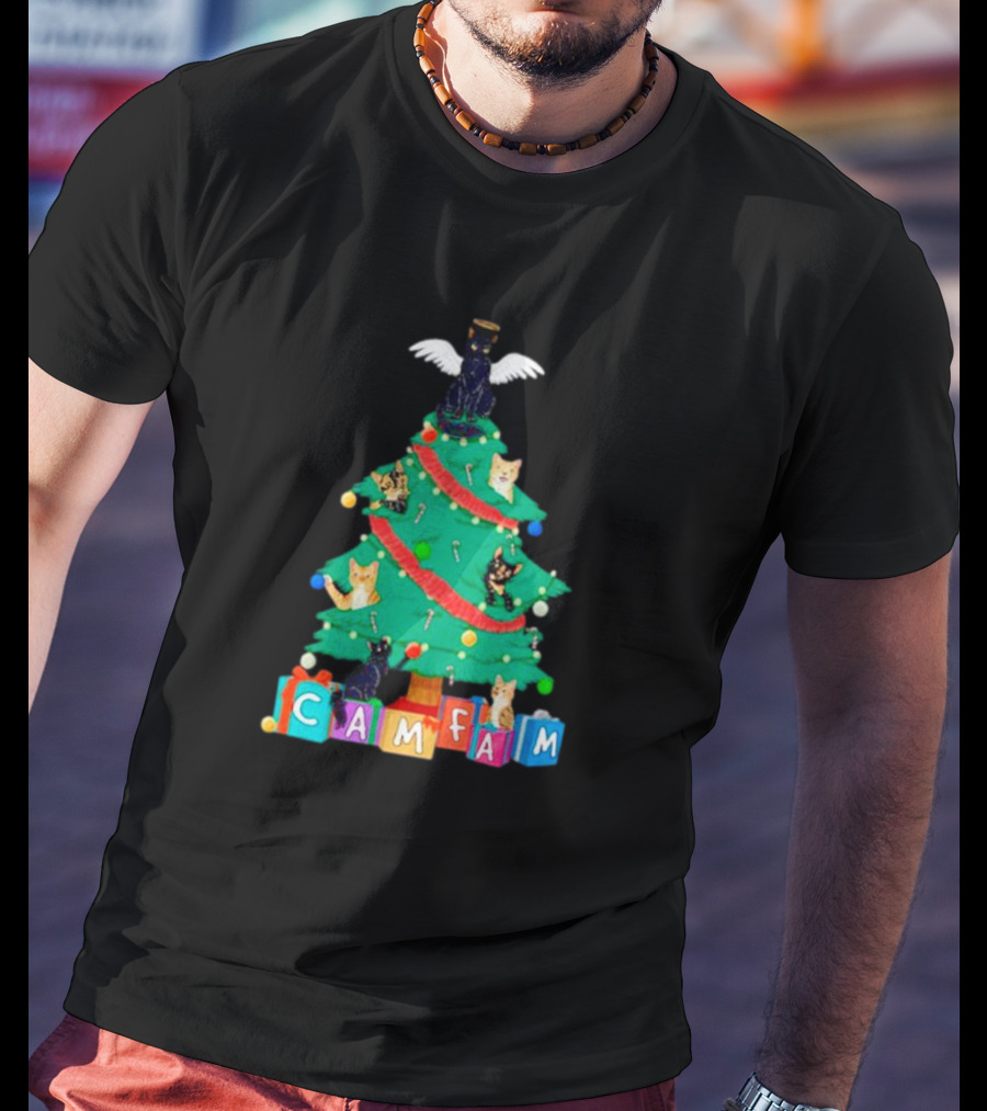 Cam Fam Christmas Tree With Cats And Holiday Blocks T-Shirt