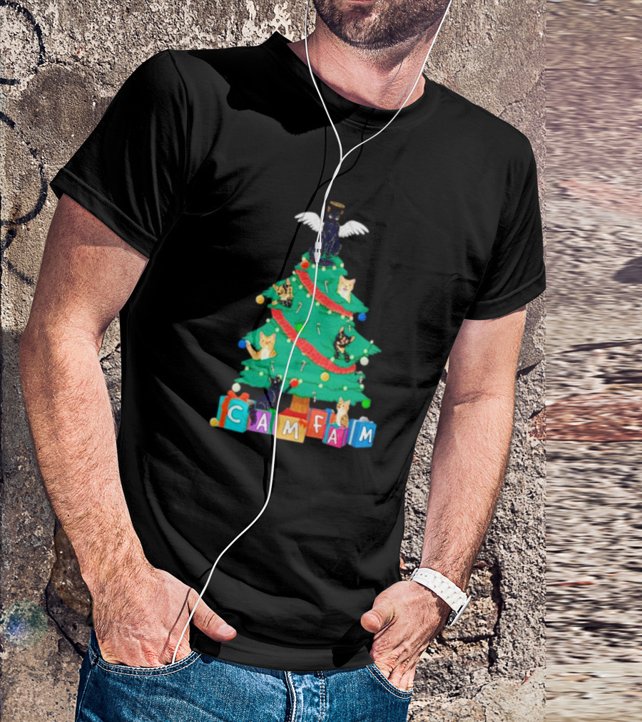 Cam Fam Christmas Tree With Cats And Holiday Blocks T-Shirt
