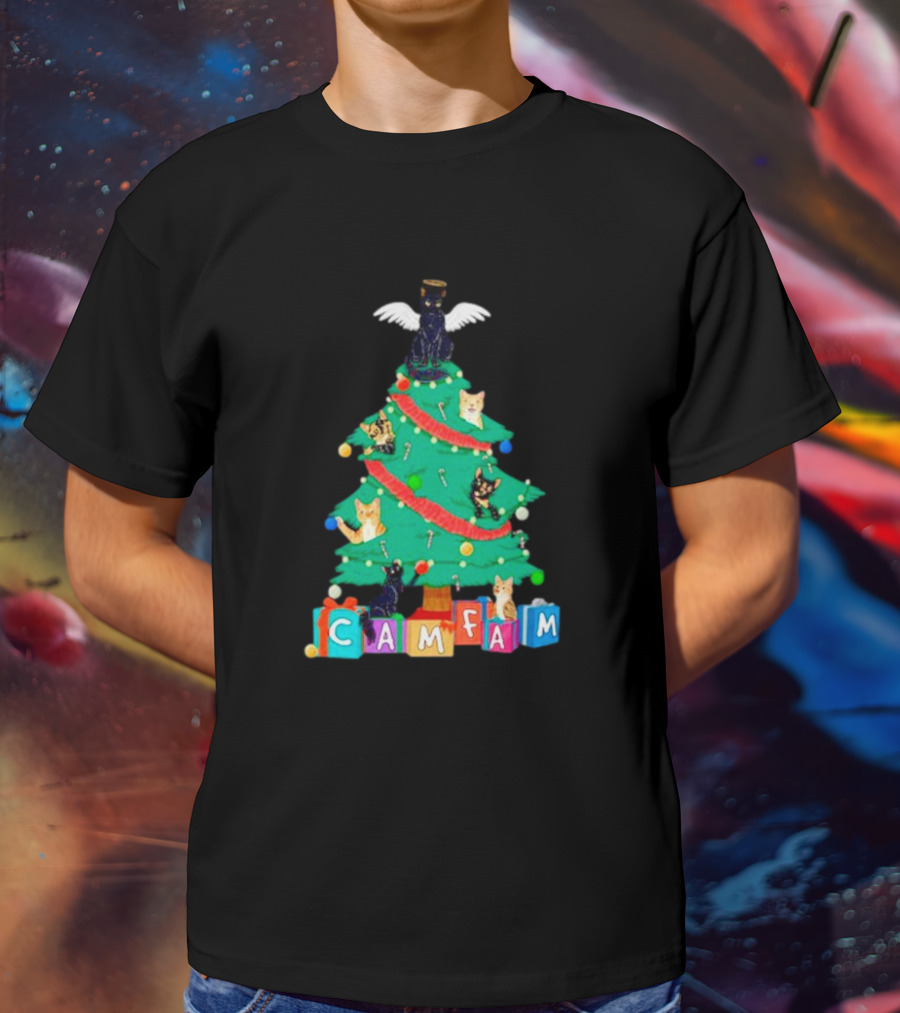 Cam Fam Christmas Tree With Cats And Holiday Blocks T-Shirt