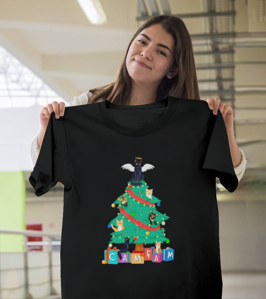 Cam Fam Christmas Tree With Cats And Holiday Blocks T-Shirt