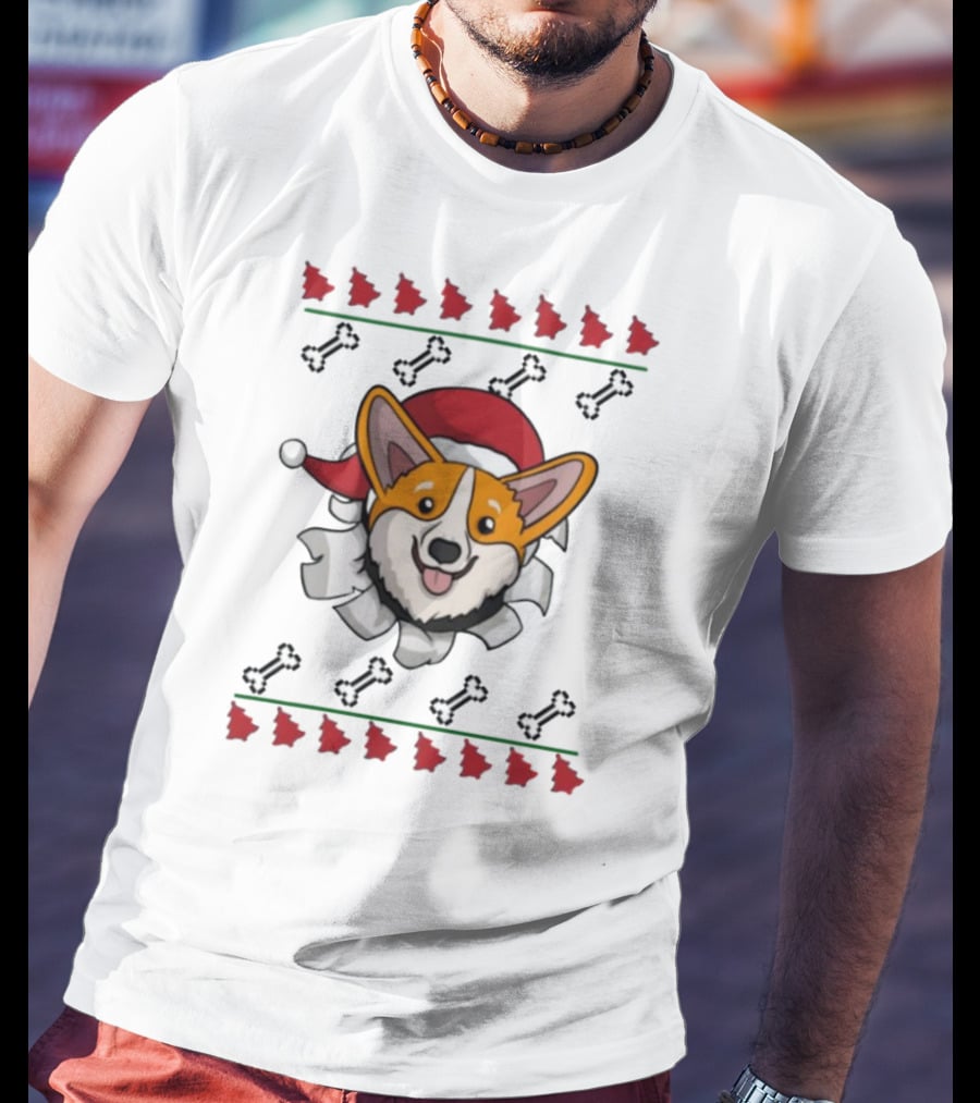 Corgi Surprise Christmas Santa Hat Bone T-Shirt