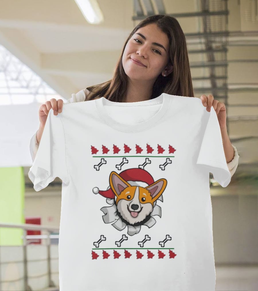 Corgi Surprise Christmas Santa Hat Bone T-Shirt
