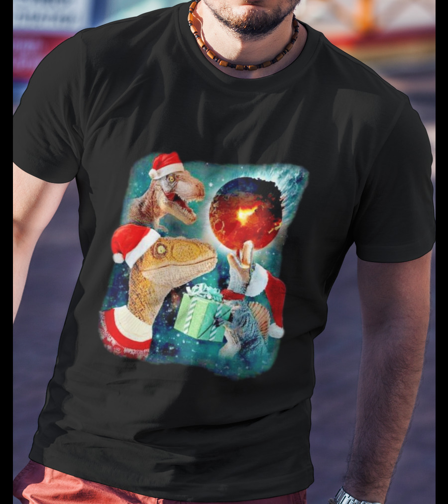 T-Rex Christmas Festive Santa Hat Dinosaur Planet Gift Explosion T-Shirt