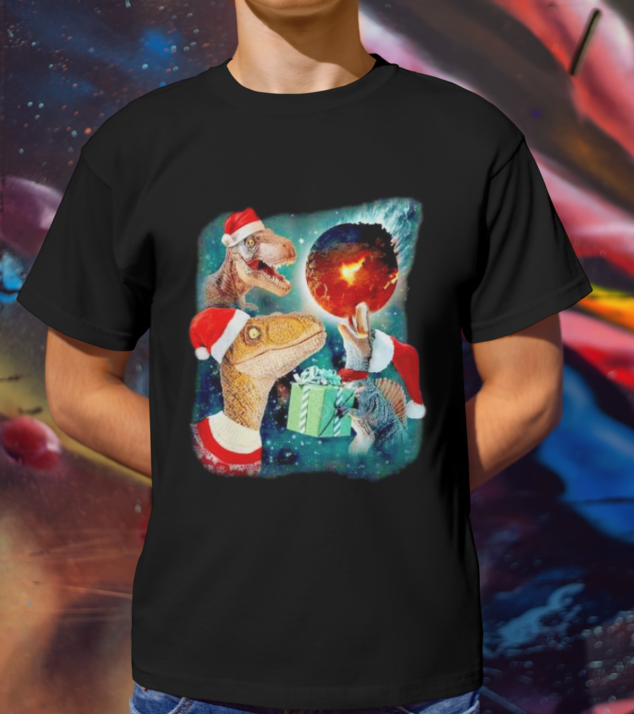T-Rex Christmas Festive Santa Hat Dinosaur Planet Gift Explosion T-Shirt