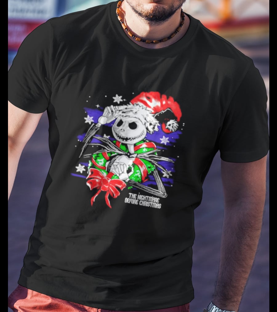 The Nightmare Before Christmas Jack Skellington In Santa Hat And Grinch Green Scarf T-Shirt