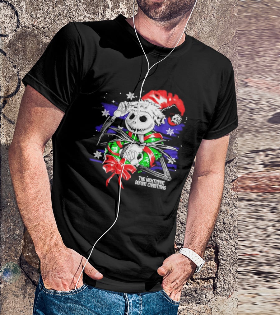 The Nightmare Before Christmas Jack Skellington In Santa Hat And Grinch Green Scarf T-Shirt