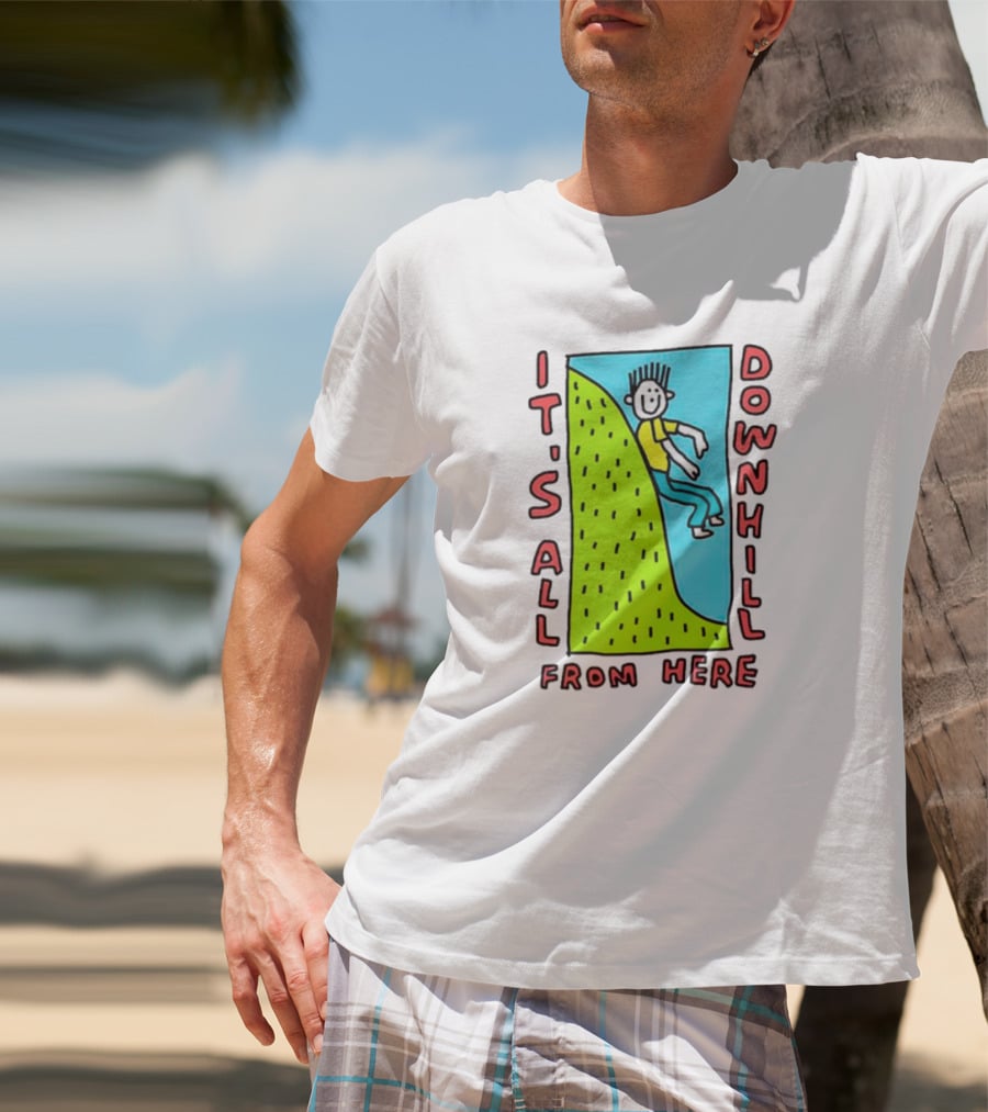 IT'S ALL DOWNHILL FROM HERE Cartoon Character Sliding Down Green Hill T-Shirt