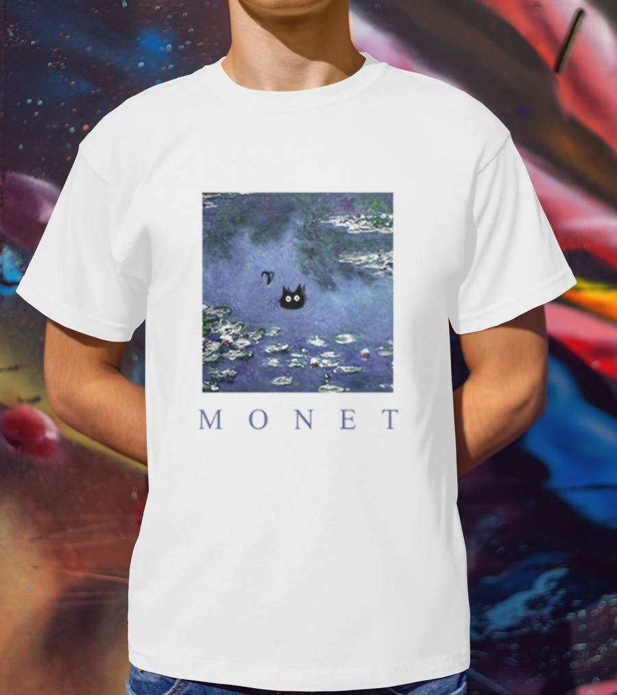 Monet Waterlily Black Cat In Pond With Monet Text T-Shirt