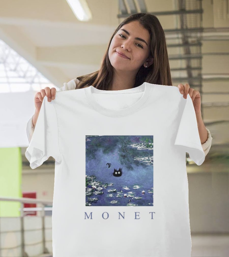 Monet Waterlily Black Cat In Pond With Monet Text T-Shirt