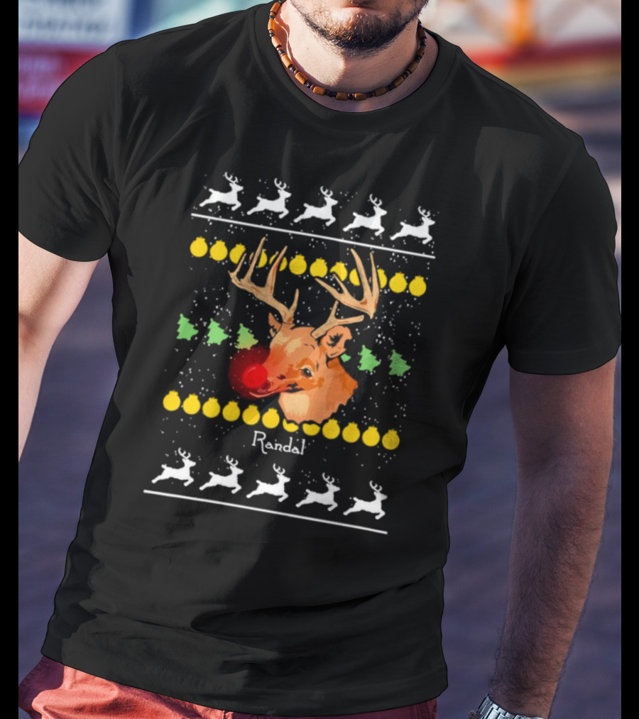 Randal Reindeer Festive Holiday Pattern With Red Nose And Antlers T-Shirt
