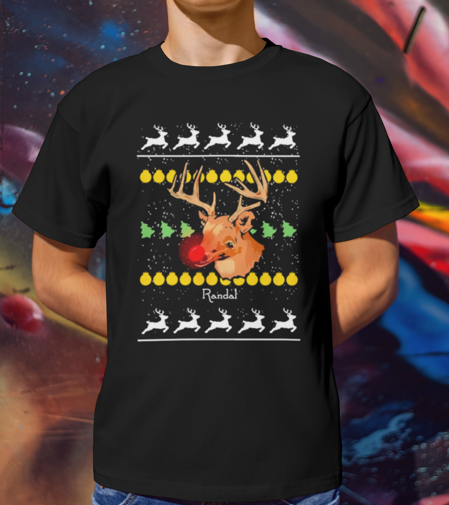 Randal Reindeer Festive Holiday Pattern With Red Nose And Antlers T-Shirt