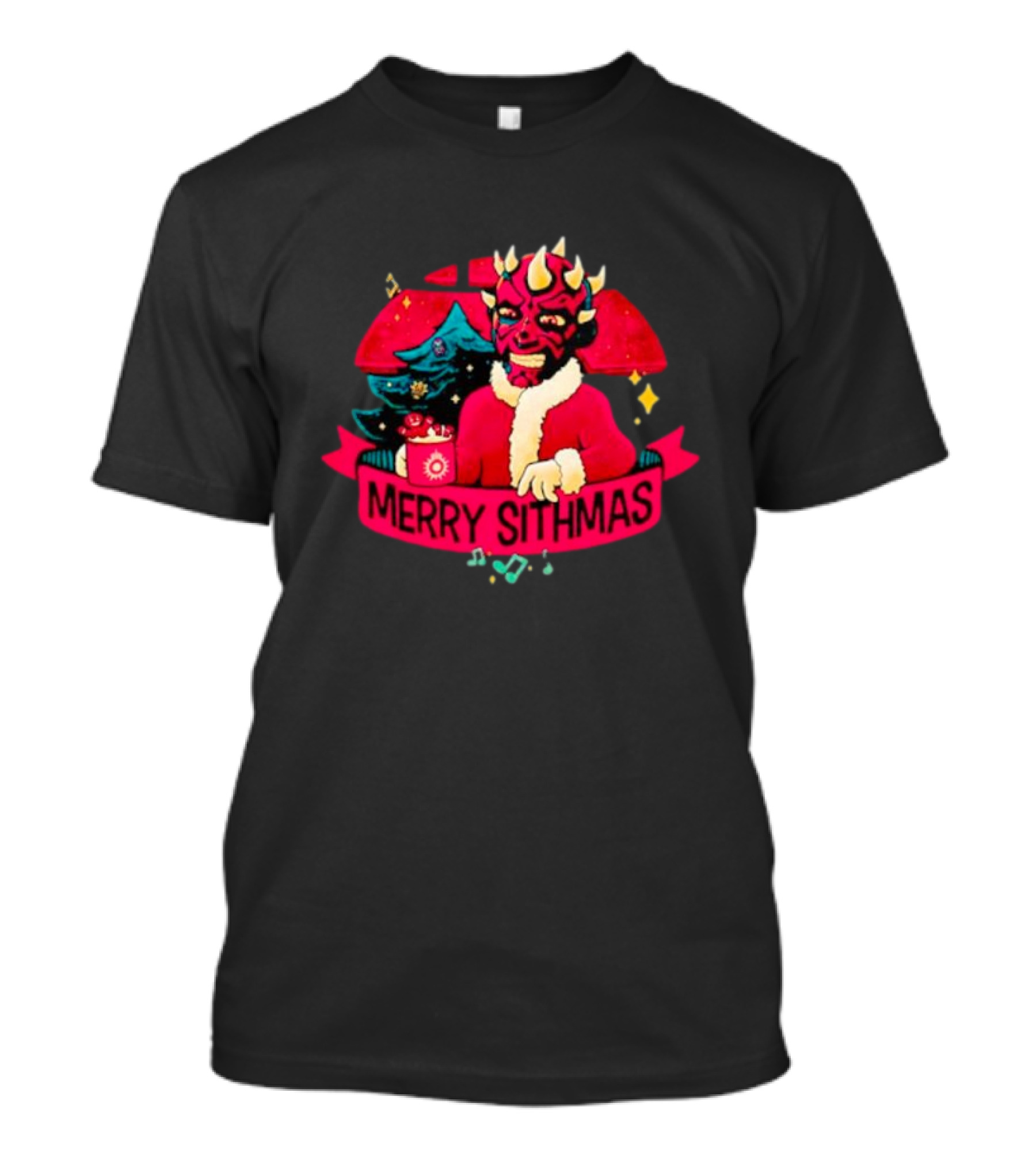 Star Wars Merry Sithmas Featuring Darth Maul In Santa Suit With Christmas Tree And Festive Elements T-Shirt