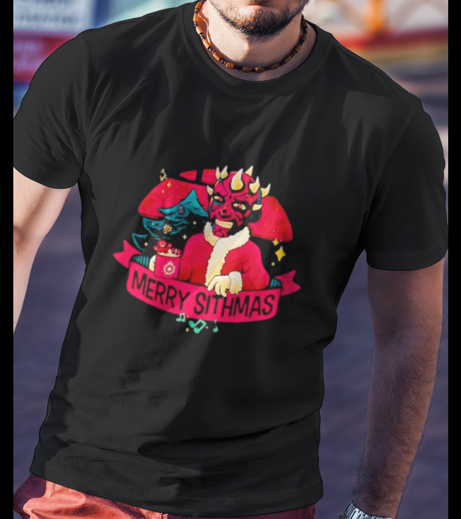 Star Wars Merry Sithmas Featuring Darth Maul In Santa Suit With Christmas Tree And Festive Elements T-Shirt